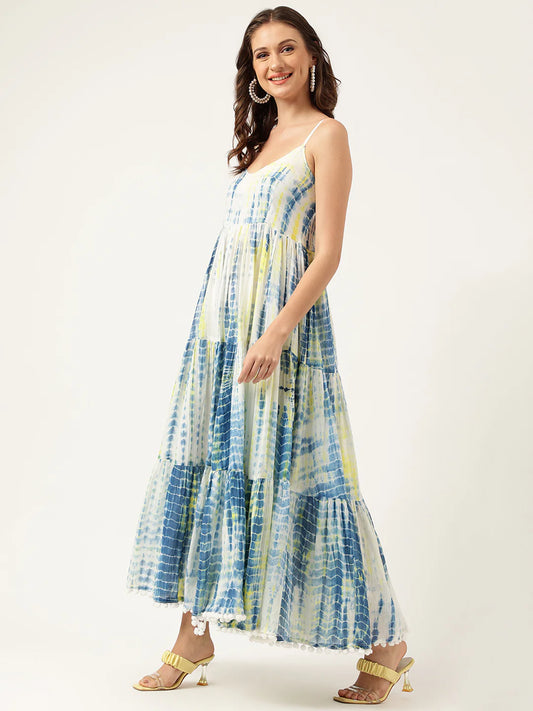 Maxi Dress with Tie-Dye Pattern and Pom-Pom Accents