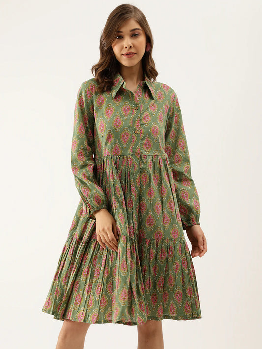 Green Cotton Paisley Print Dress