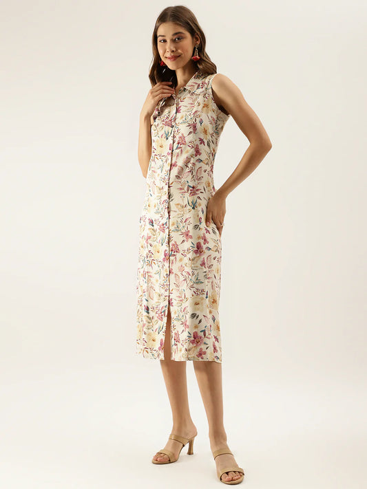 Cream Midi-Length Floral Rayon Dress with Sleeves