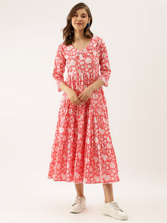 Floral Print Corel Pink Cotton Ethnic Dress for Women