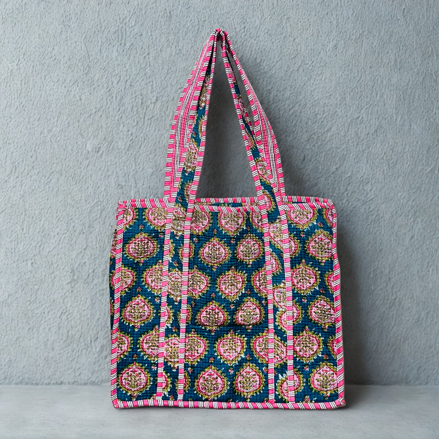 Pink Floral pattern Hand-Printed Tote Bag