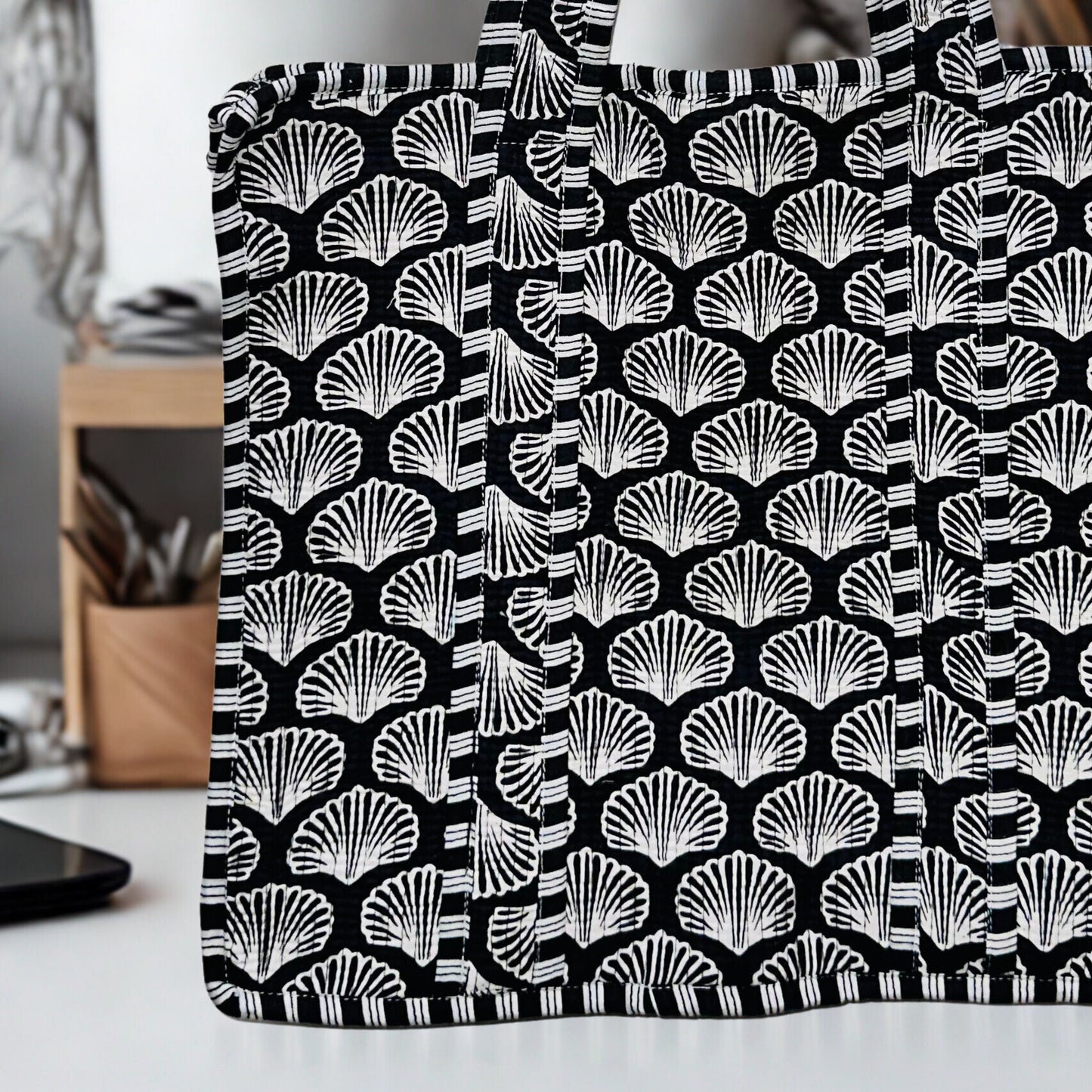 Black and white pattern Hand-Printed Tote Bag