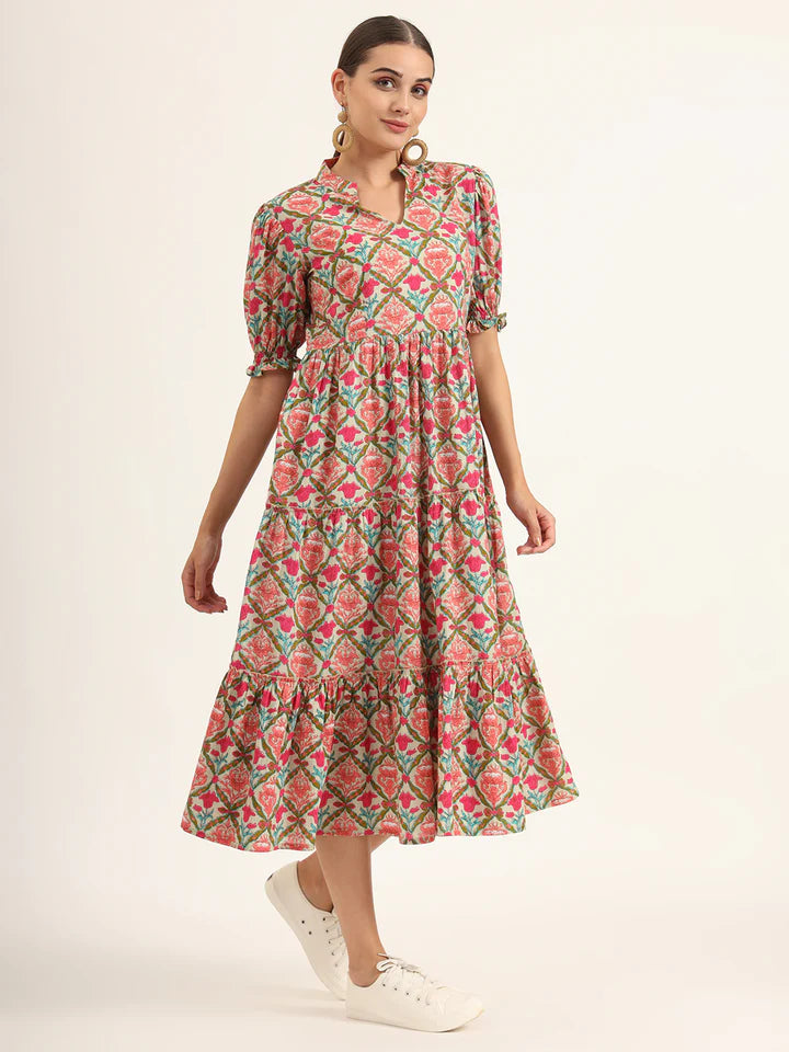Multicolor Floral Print Cotton Midi Dress – Casual Summer Style