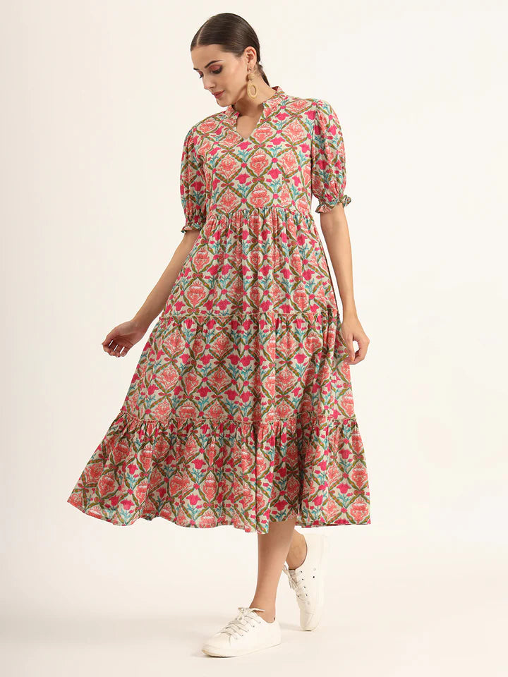 Multicolor Floral Print Cotton Midi Dress – Casual Summer Style