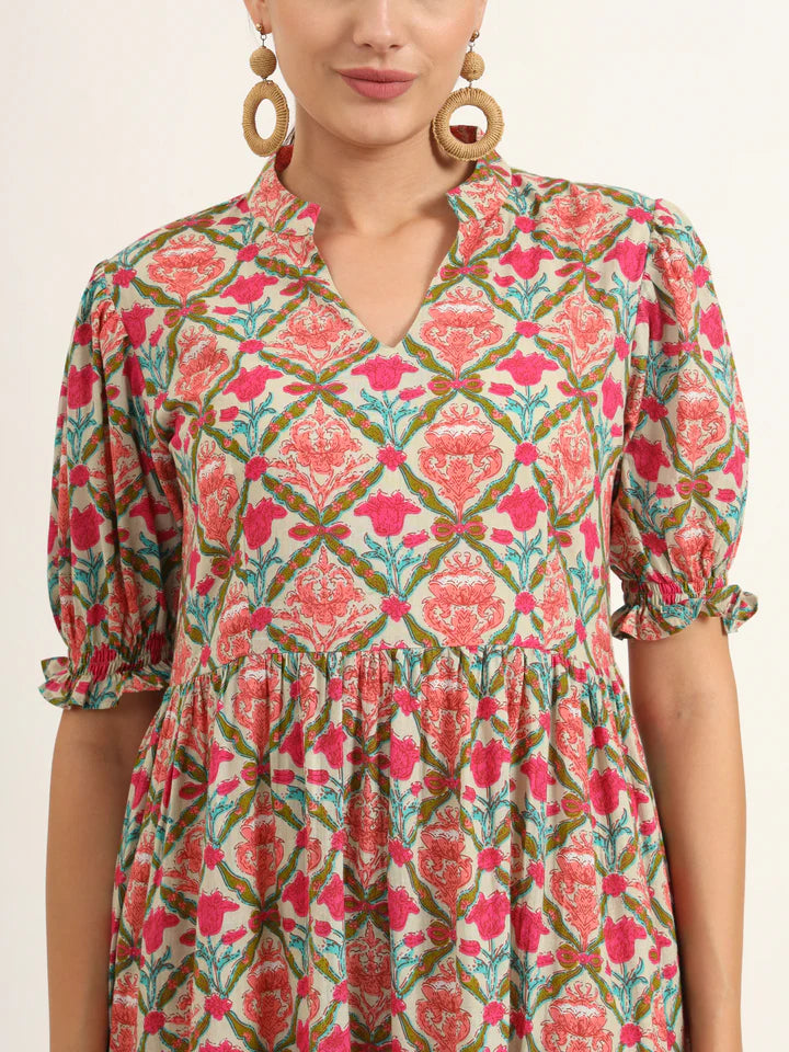 Multicolor Floral Print Cotton Midi Dress – Casual Summer Style