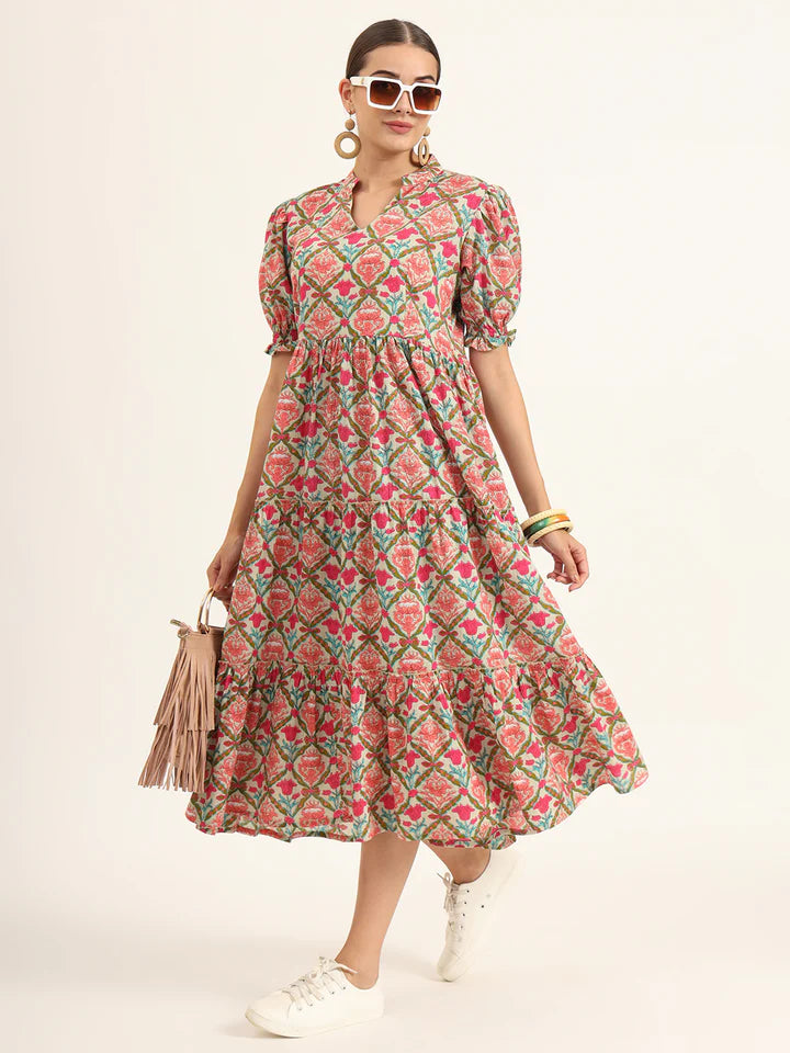 Multicolor Floral Print Cotton Midi Dress – Casual Summer Style