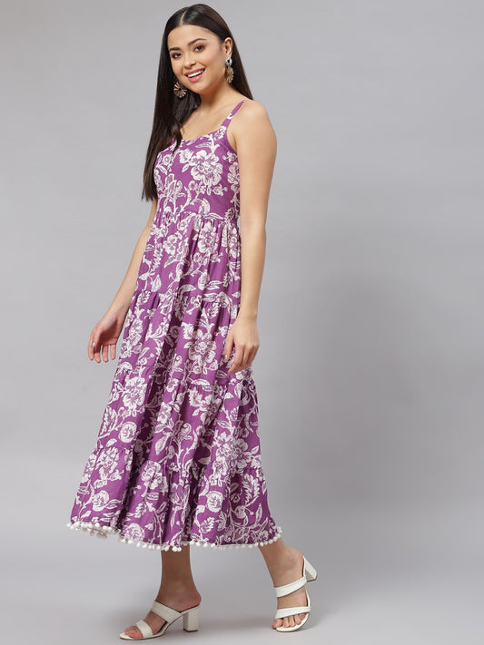 Long Dress with Purple Floral Print and Shoulder Straps