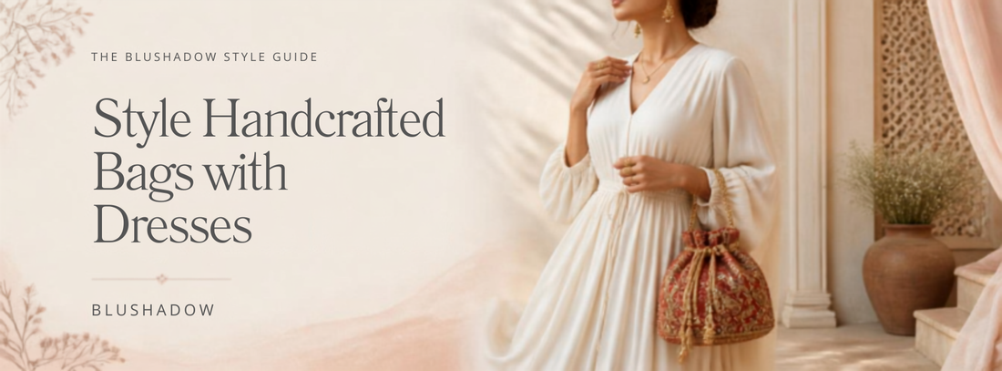 Cream midi dress paired with a patterned handcrafted potli bag for Blushadow’s dress styling guide.