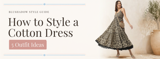 Model in a blue printed cotton dress with cute pom-pom details, next to the text “How to Style a Cotton Dress: 5 Outfit Ideas.”