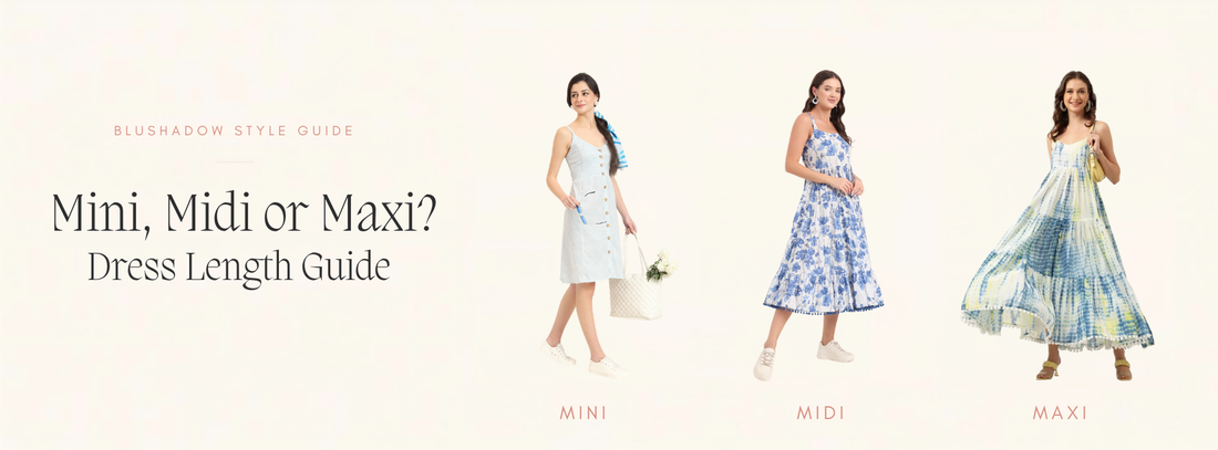 Blushadow blue floral mini, cream floral midi and yellow-pink floral maxi dresses beside “Mini, Midi or Maxi? Dress Length Guide” text.