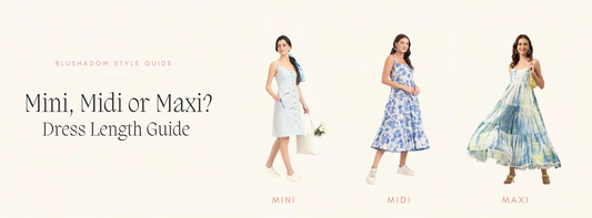 Blushadow blue floral mini, cream floral midi and yellow-pink floral maxi dresses beside “Mini, Midi or Maxi? Dress Length Guide” text.