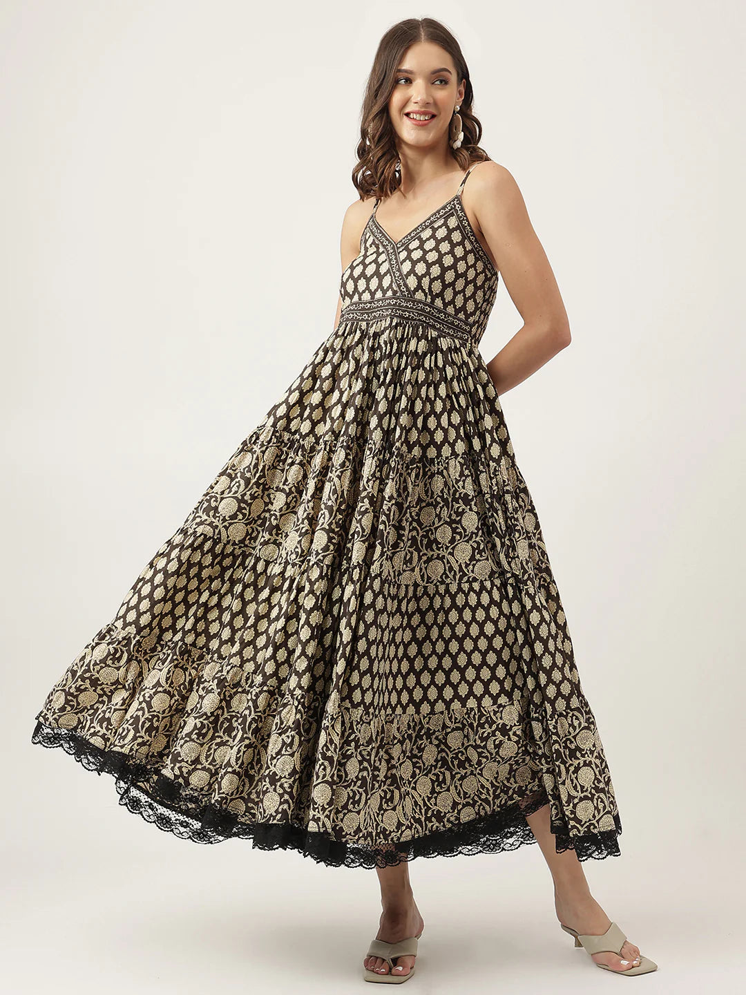 Black Empire Style Floral Cotton Dress
