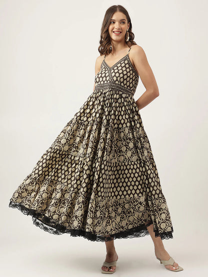 Black Empire Style Floral Cotton Dress