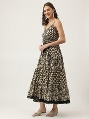 Black Empire Style Floral Cotton Dress