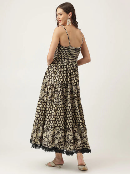 Black Empire Style Floral Cotton Dress