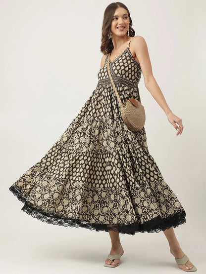 Black Empire Style Floral Cotton Dress
