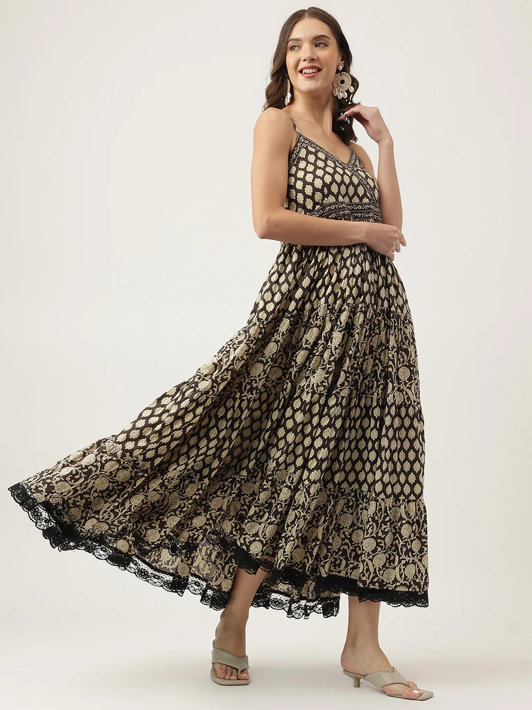 Black Empire Style Floral Cotton Dress