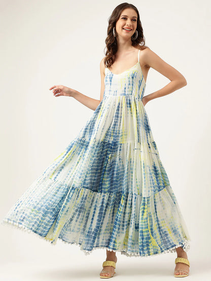 Maxi Dress with Tie-Dye Pattern and Pom-Pom Accents