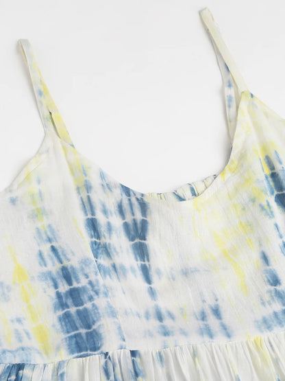 Maxi Dress with Tie-Dye Pattern and Pom-Pom Accents