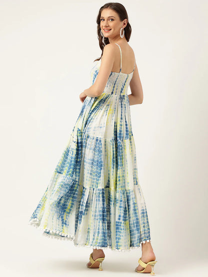 Maxi Dress with Tie-Dye Pattern and Pom-Pom Accents
