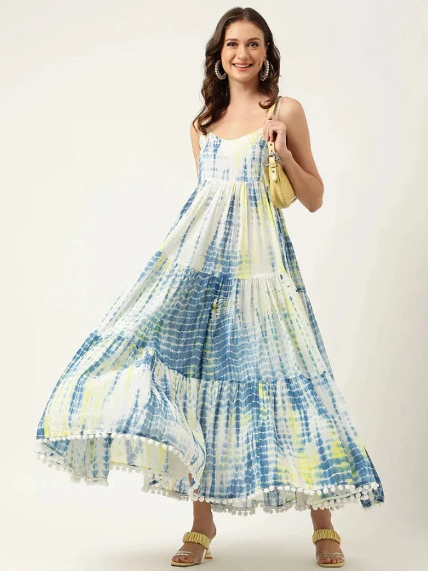 Maxi Dress with Tie-Dye Pattern and Pom-Pom Accents