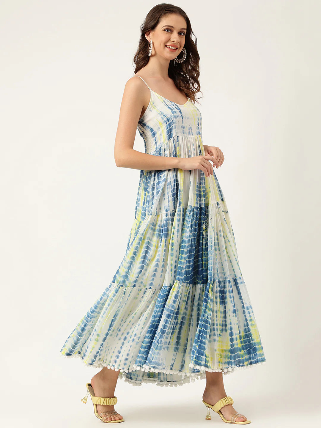 Maxi Dress with Tie-Dye Pattern and Pom-Pom Accents