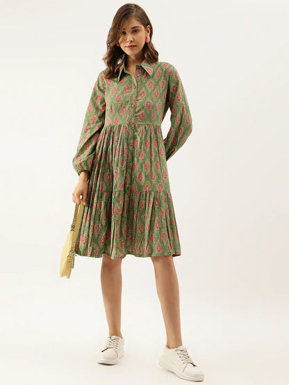 Green Cotton Paisley Print Dress