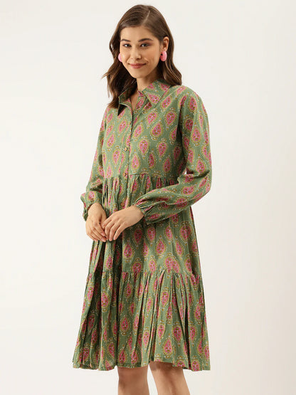 Green Cotton Paisley Print Dress