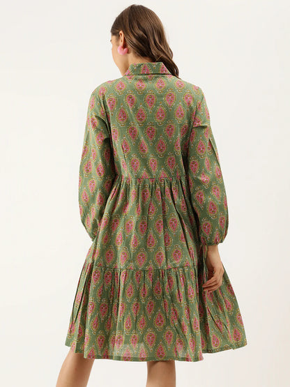 Green Cotton Paisley Print Dress