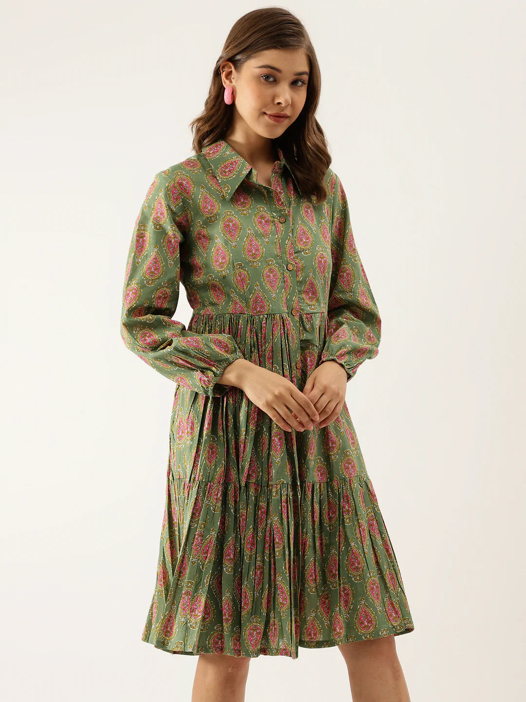 Green Cotton Paisley Print Dress