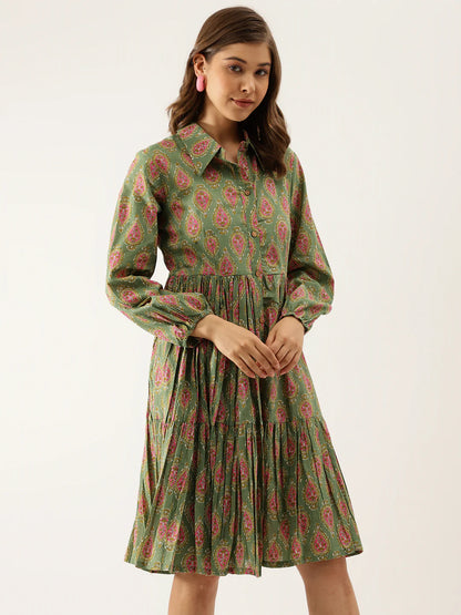 Green Cotton Paisley Print Dress