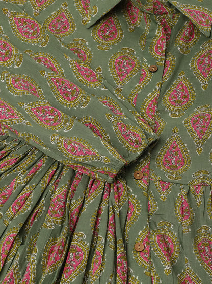 Green Cotton Paisley Print Dress