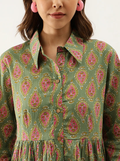 Green Cotton Paisley Print Dress