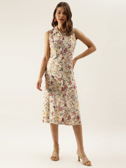 Cream Midi-Length Floral Rayon Dress with Sleeves