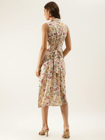 Cream Midi-Length Floral Rayon Dress with Sleeves