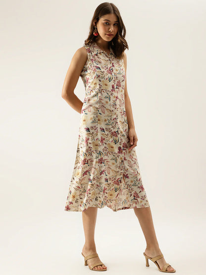Cream Midi-Length Floral Rayon Dress with Sleeves