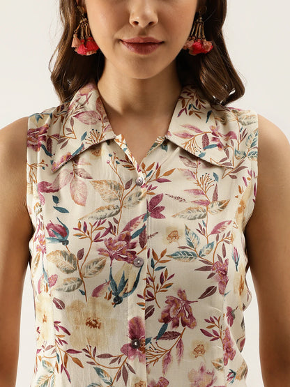 Cream Midi-Length Floral Rayon Dress with Sleeves