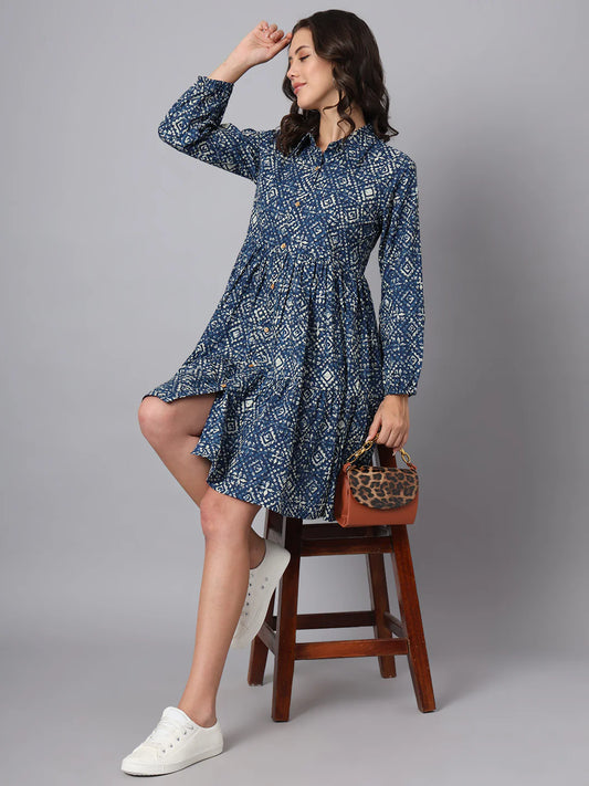 Floral Blue Cotton Mini Dress