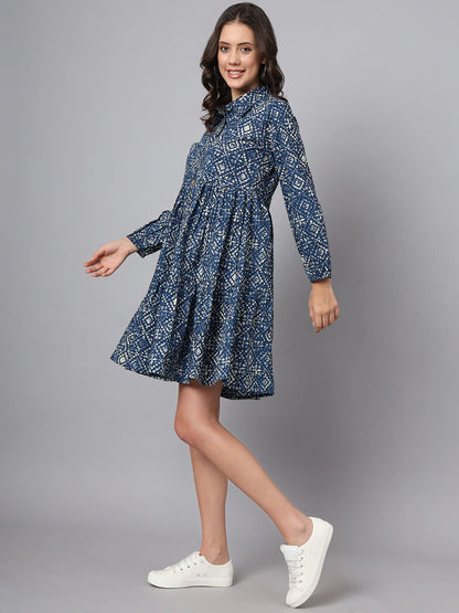 Floral Blue Cotton Mini Dress
