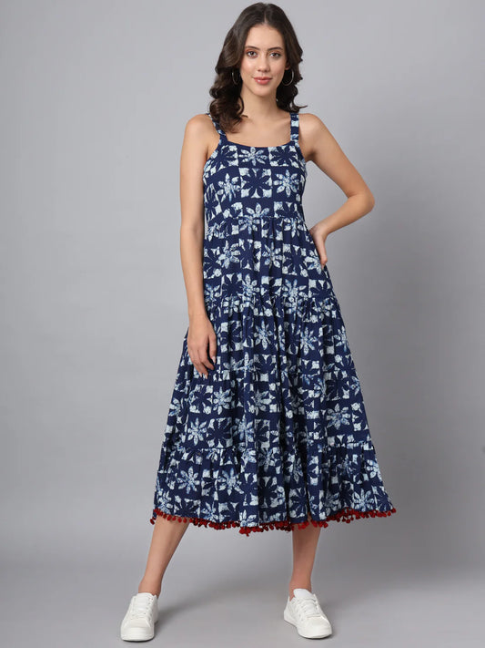 Blue Cotton Printed Dress in Fit and Flare Style