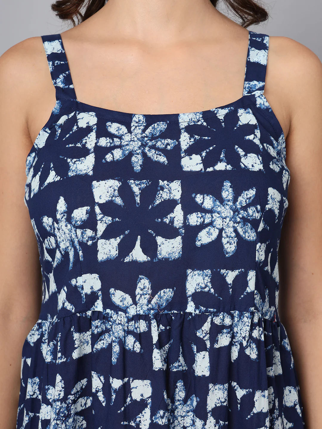 Blue Cotton Printed Dress in Fit and Flare Style