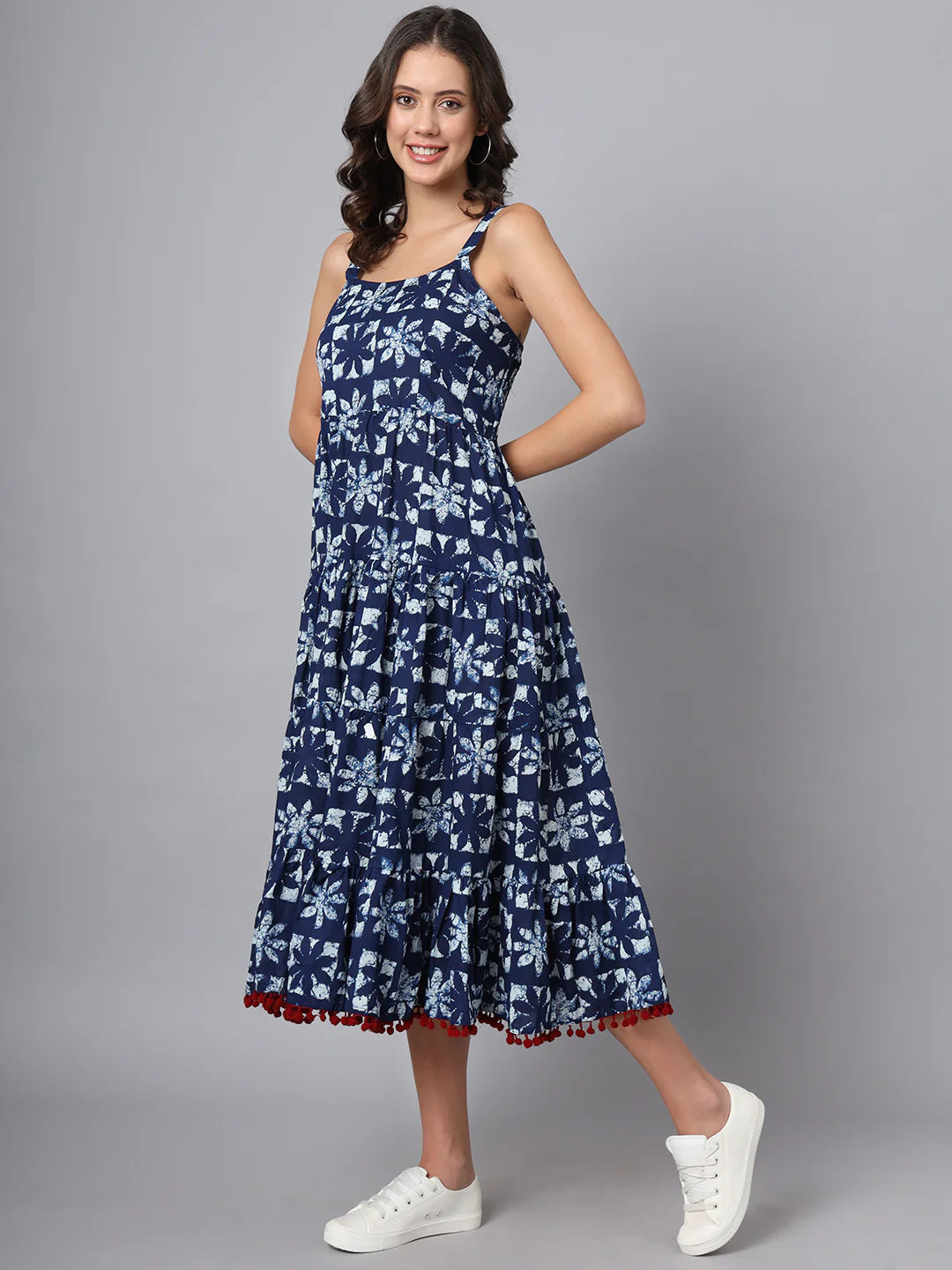 Blue Cotton Printed Dress in Fit and Flare Style