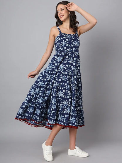 Blue Cotton Printed Dress in Fit and Flare Style