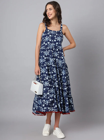 Blue Cotton Printed Dress in Fit and Flare Style