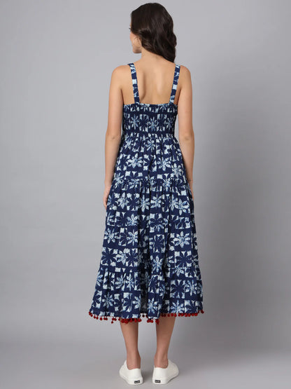 Blue Cotton Printed Dress in Fit and Flare Style