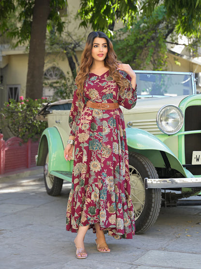 Flared Long Dress in Maroon Floral Rayon