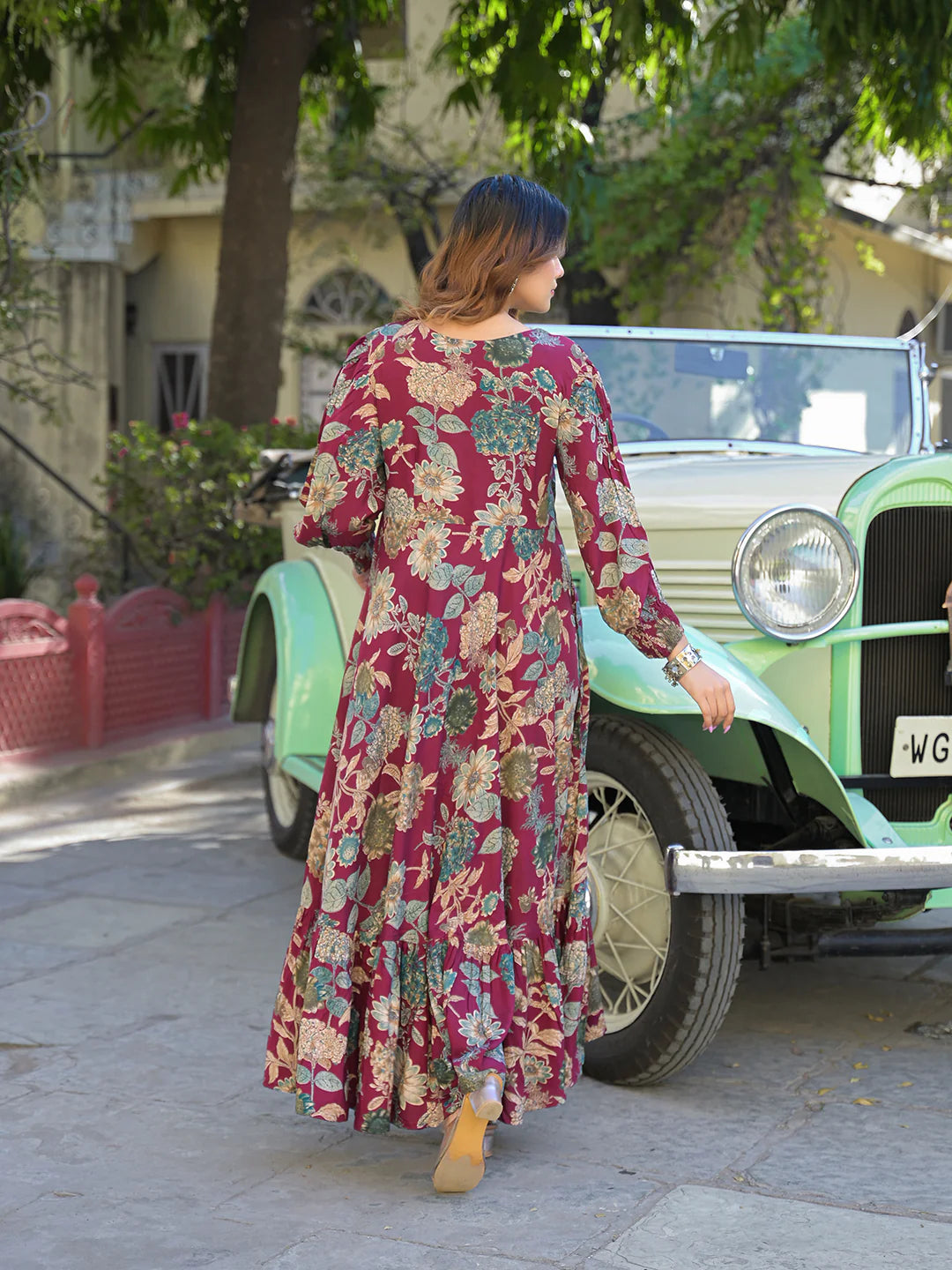 Flared Long Dress in Maroon Floral Rayon