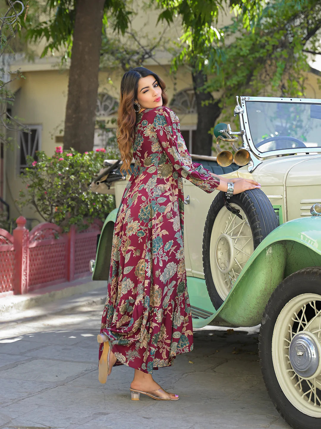 Flared Long Dress in Maroon Floral Rayon