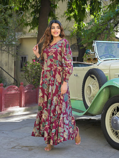 Flared Long Dress in Maroon Floral Rayon