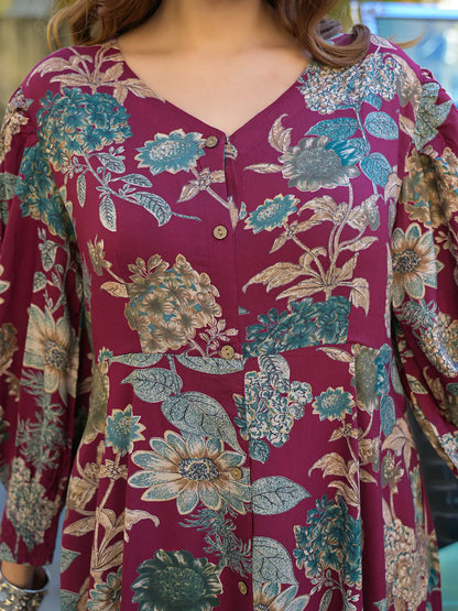 Flared Long Dress in Maroon Floral Rayon